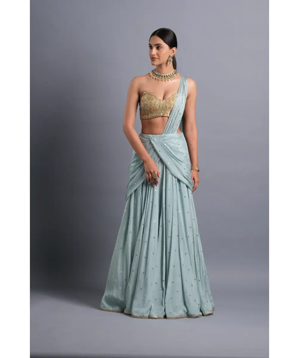 AASTHA SOOD - Sky blue Chiffon flared Lehenga Saree